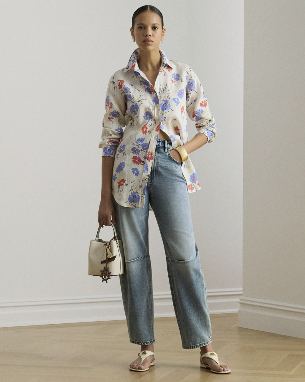 Lauren Ralph Lauren Women Relaxed Fit Collared Shirt Cream Multi Size XL